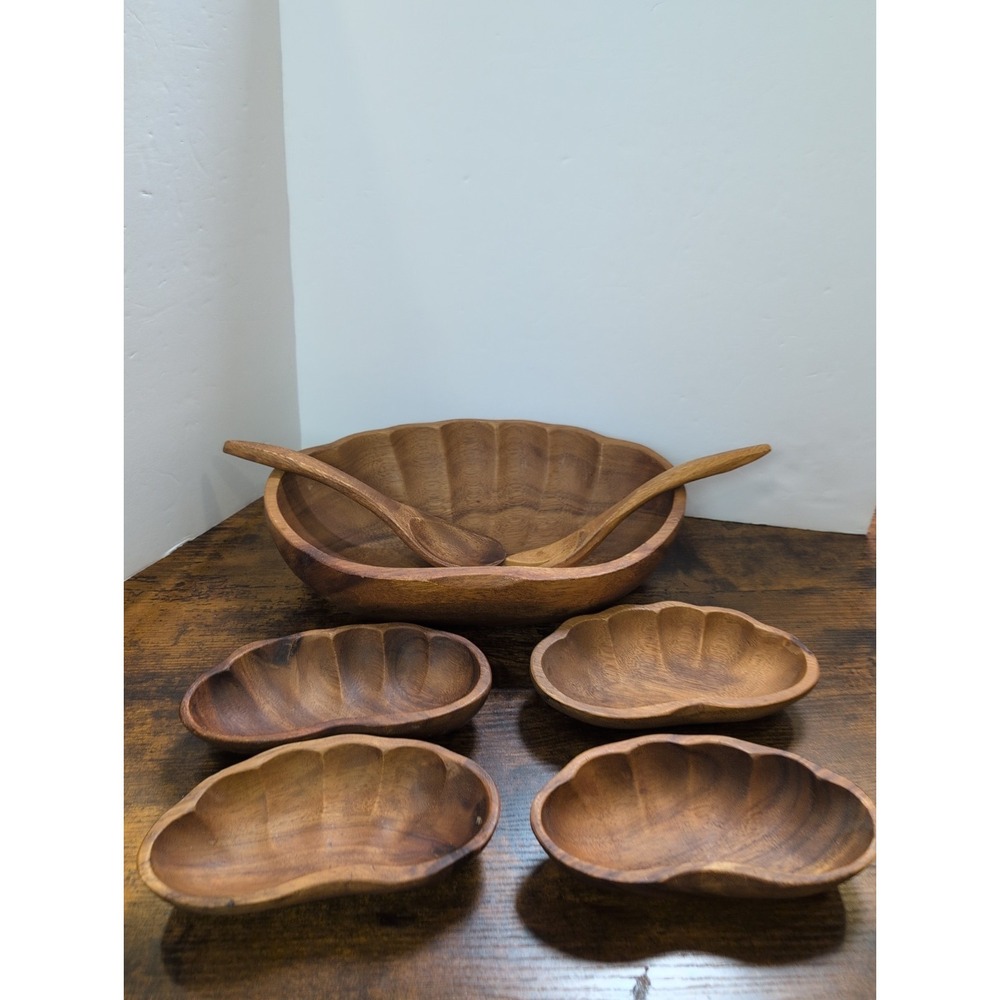 Vtg Handcrafted Wooden Salad Bowl Set Large Bowl / 4 Bowls /Salad & Utensils